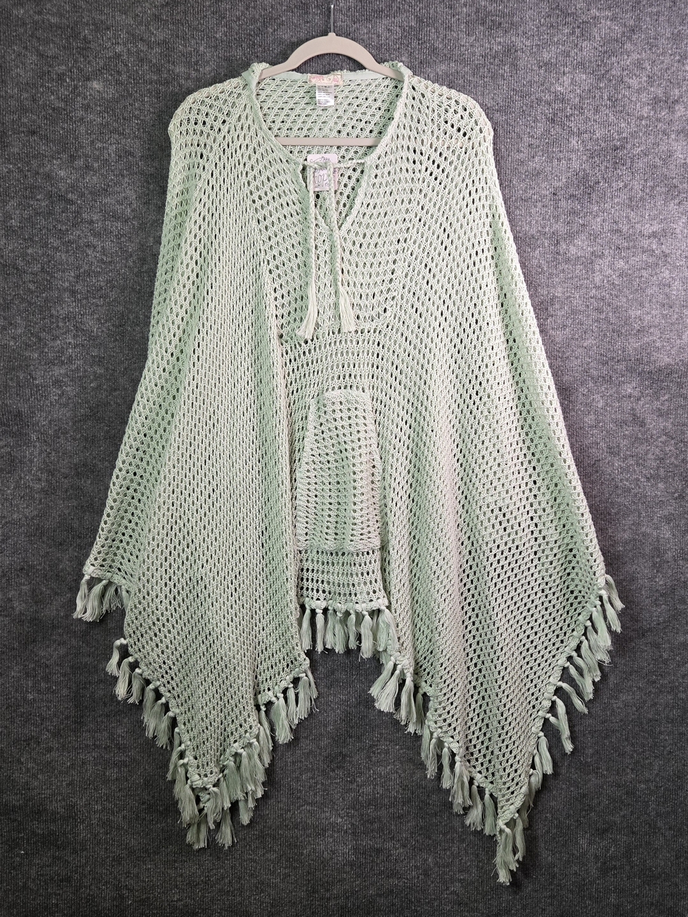 Free People Poncho Womens XL Green Open Knit Fringe Hippie Gypsy Festival New